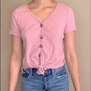 Pink tie crop tee with buttons